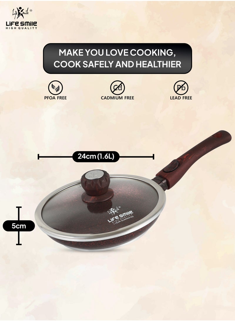 Life Smile - 24cm Frying Pan With Lid - 5 Layer Granite Coating Fry Pan | Multiple Hob Compatibility | Heat-Resistant Handle Hanging Loop | Induction bottom - Image 1