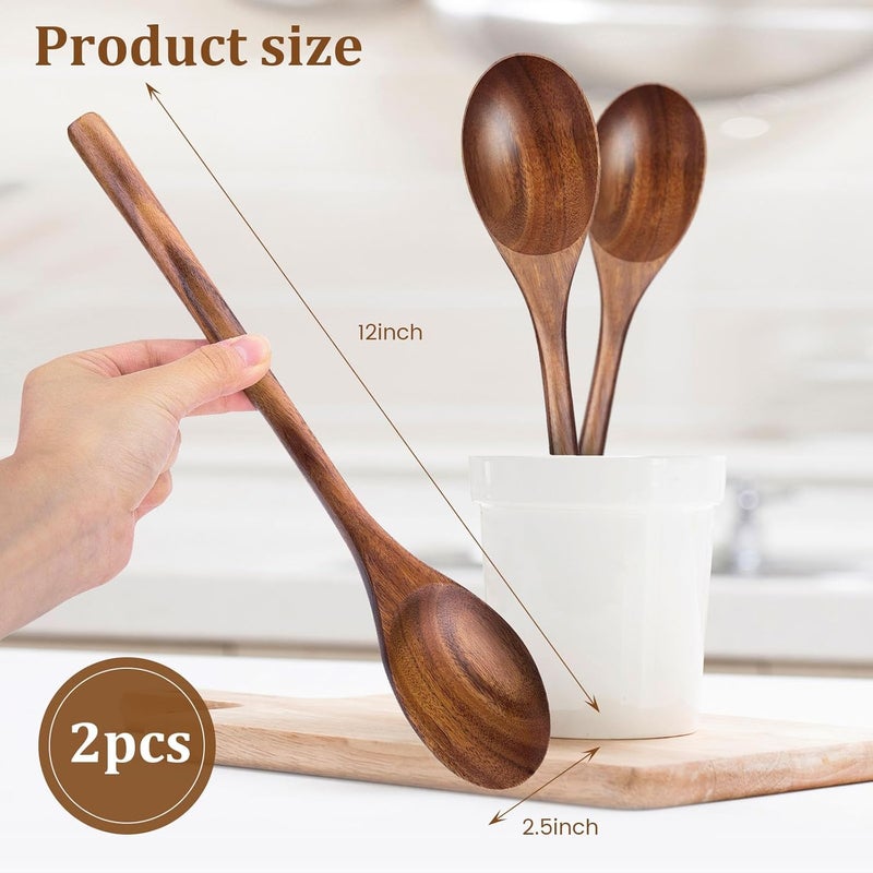 HansGo Wooden Spoons for Cooking, 2PCS Acacia Wood Kitchen Utensil, 12Inch Wood Serving Spoons for Nonstick Pans, Comfort Grip, Durable, Heat Resistant, Kitchen Gifts for Women, Cooking Gifts for Men - Image 5