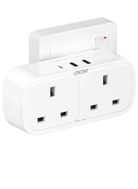LENCENT Plug Adapter with 3 USB (Included 1 USB-C),Double Wall Plug Extension, Multi Plug 2 Gang Extender Suitable for UK, 13A 3250W for Home, Office, College dormitary