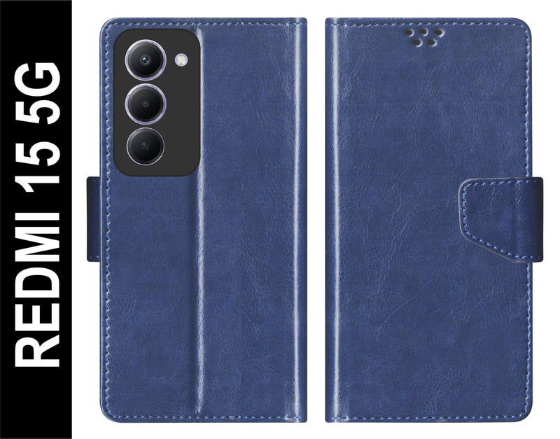 SBMS Flip Cover for REDMI 15 5G (6.9-inch) Back Cover Case with Magnatic Closure | Inbuilt Stand | Card & Money Pocket (Blue) - Image 2