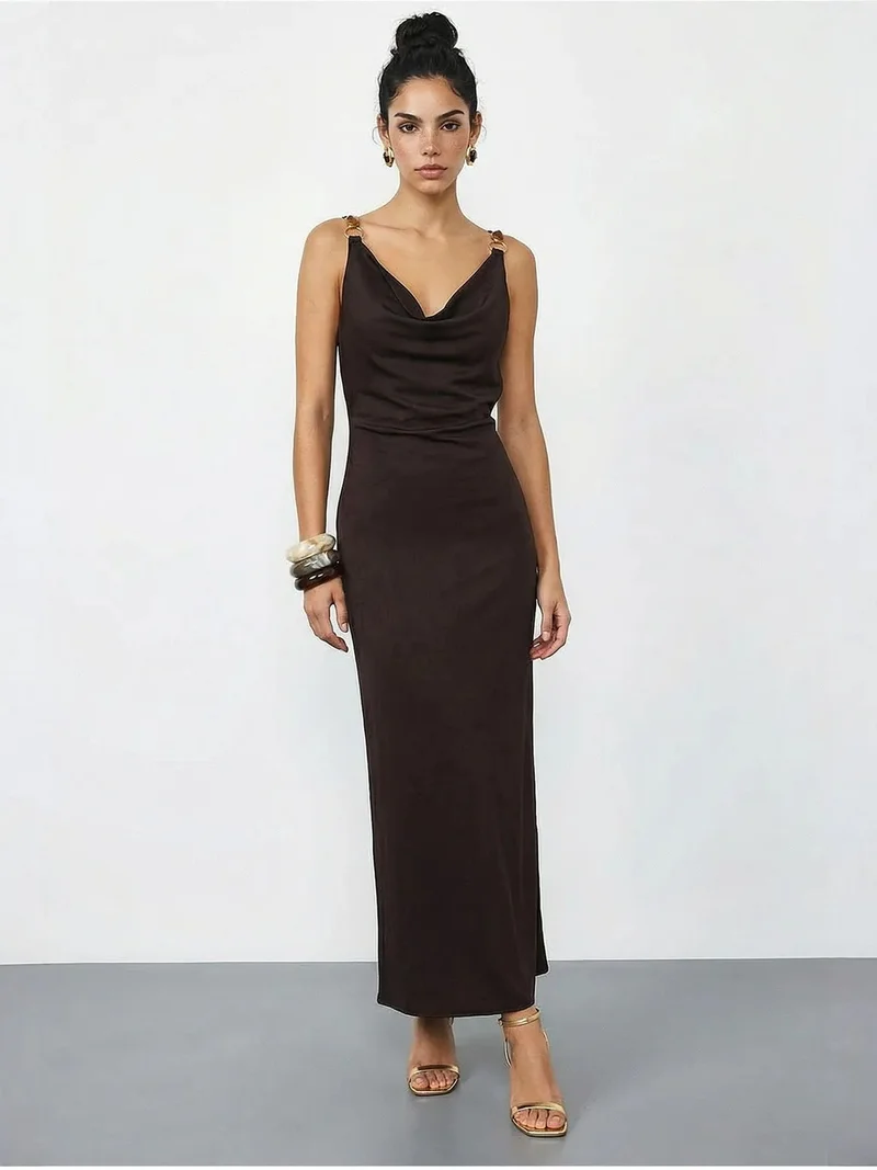 بيانكو لوتشي LUCCI Sleeveless Satin Maxi Slip Dress with Cowl Neck and Accessory Detail