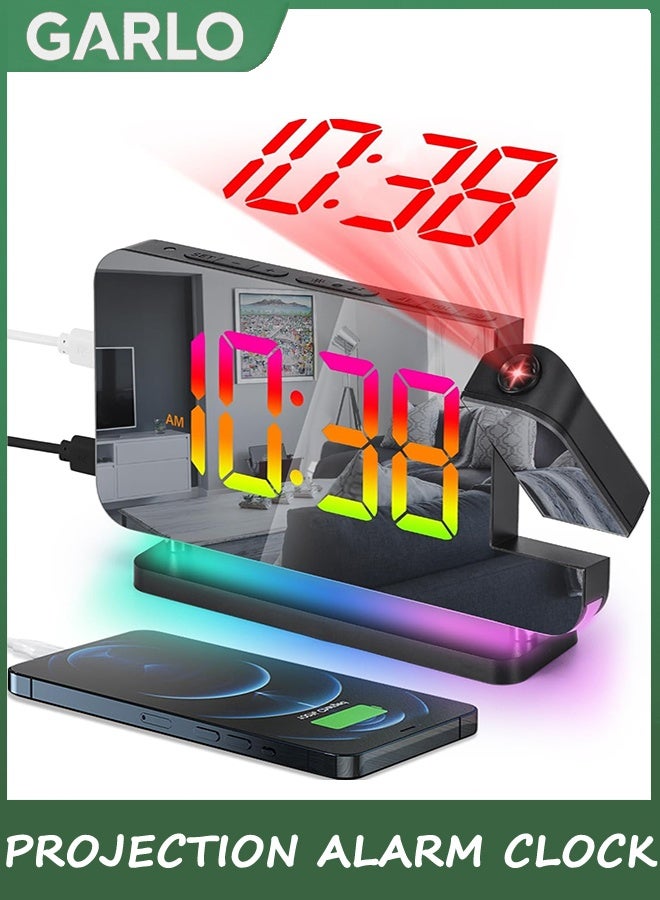 جارلو ساعة إنذار الإسقاط ، 7.4 في ساعات المرآة الرقمية ، مع جهاز عرض قابل للدوران 180 درجة ، ضوء ليلي RGB ، منفذ شاحن USB C ، مضيئ التلقائي ، ساعة مكتب LED لغرفة النوم - Image 1