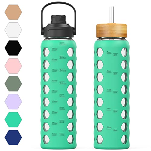 MUKOKO 32oz Glass Water Bottles with 2 LidsHandle Spout LidBamboo Straw Lid Motivational Water Tumbler with Time Marker Reminder and Silicone Sleeve LeakproofGreen1 Pack