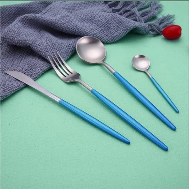 Eletree 4 Piece Premium Silver Plated 304 Stainless Steel Steak Knife Fork Spoon Teaspoons Mirror Finish Flatware Tableware Dinnerware Cutlery Set Blue - Image 2