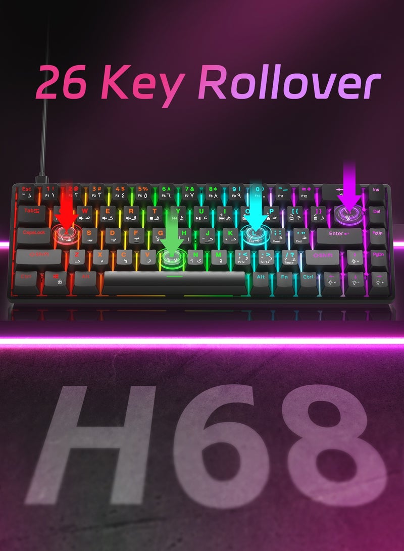 أوتشوانغ لوحة مفاتيح ميكانيكية مكونة من عربية 68 مفتاحًا، كيبورد سويتش أحمر هجينة خفيفة الوزن سلكية صغيرة الحجم لأجهزة الكمبيوتر الشخصية وأجهزة Mac ولوحة مفاتيح ألعاب إلكترونية محمولة - كيبورد اسود - Image 3