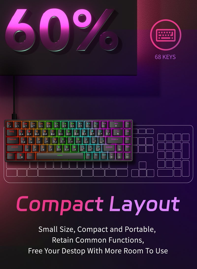 أوتشوانغ لوحة مفاتيح ميكانيكية مكونة من عربية 68 مفتاحًا، كيبورد سويتش أحمر هجينة خفيفة الوزن سلكية صغيرة الحجم لأجهزة الكمبيوتر الشخصية وأجهزة Mac ولوحة مفاتيح ألعاب إلكترونية محمولة - كيبورد اسود - Image 2