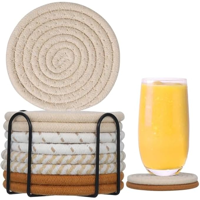 YWHWXB 8 قطع من قواعد الأكواب مع حامل ديكور منزلي لطاولة حماية سطح الطاولة الخشبية، قواعد أكواب قطنية مصنوعة يدويًا، قواعد أكواب ماصة للمشروبات، مجموعة قواعد أكواب قطنية منسوجة بسيطة عتيقة - Image 2