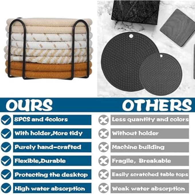 YWHWXB 8 قطع من قواعد الأكواب مع حامل ديكور منزلي لطاولة حماية سطح الطاولة الخشبية، قواعد أكواب قطنية مصنوعة يدويًا، قواعد أكواب ماصة للمشروبات، مجموعة قواعد أكواب قطنية منسوجة بسيطة عتيقة - Image 4