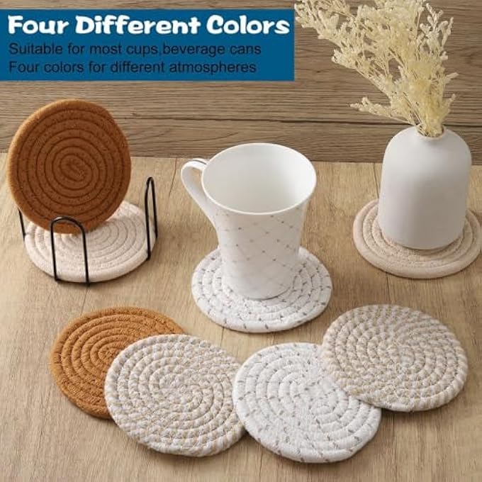 YWHWXB 8 قطع من قواعد الأكواب مع حامل ديكور منزلي لطاولة حماية سطح الطاولة الخشبية، قواعد أكواب قطنية مصنوعة يدويًا، قواعد أكواب ماصة للمشروبات، مجموعة قواعد أكواب قطنية منسوجة بسيطة عتيقة - Image 5