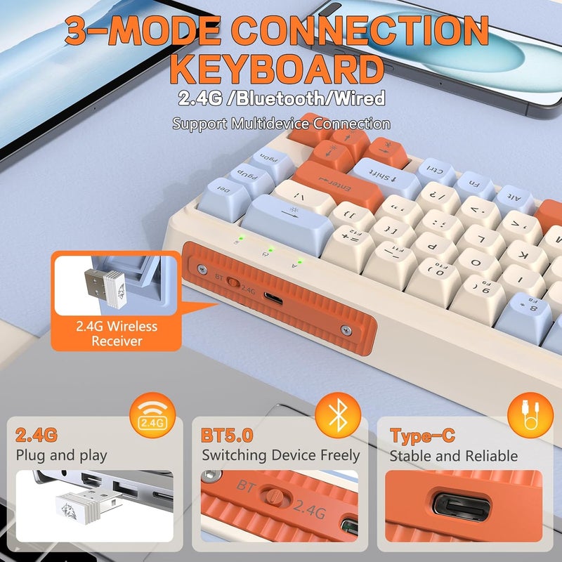 LexonElec X FREEWOLF M68 60% Wireless Gaming Keyboard, QWERTY Layout, BT/2.4G/Wired Silent Membrane Keyboard, Rainbow Backlit 67 Keys PBT Keycaps, 2000mAh Portable for Gamer/Office - Blue - Image 3