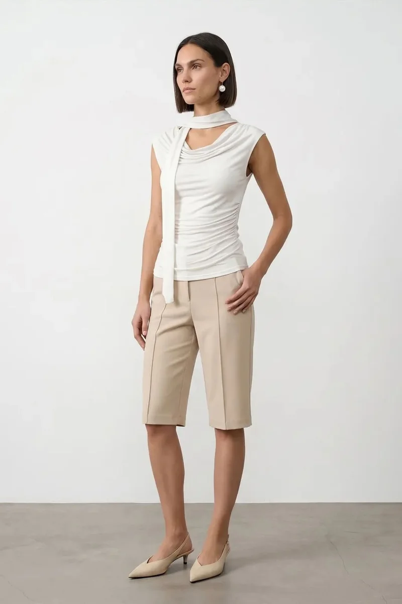 Dilvin Dusty White DILVIN Sleeveless Cowl Neck Jersey Blouse for Women | Best Price UAE