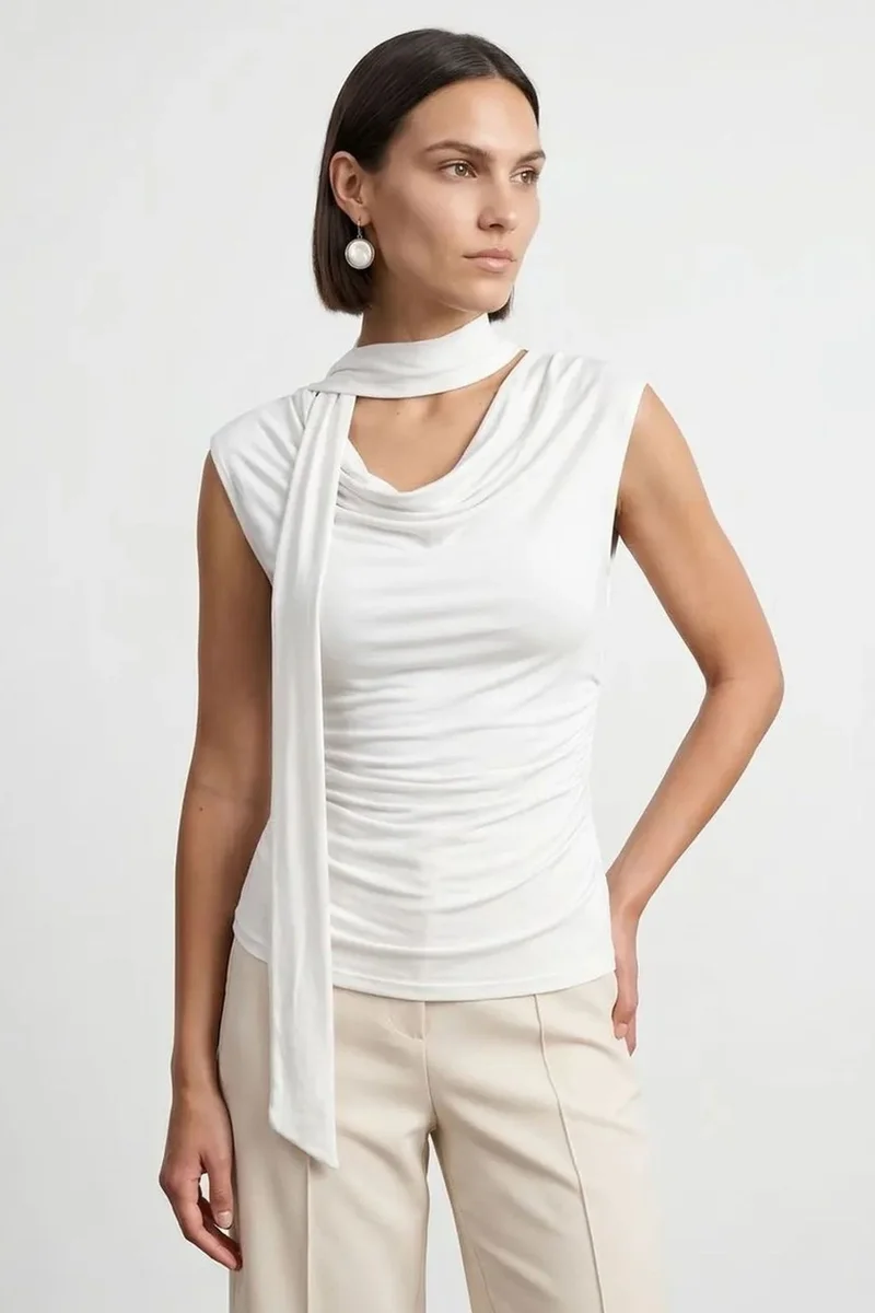 DILVIN Sleeveless Cowl Neck Jersey Blouse