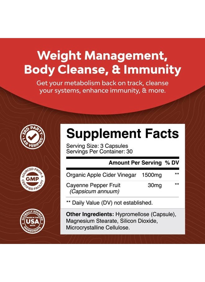 Cleansing Apple Cider Vinegar Capsules - ACV Cleanse and Detox Pills for Gut and Digestive Health with Slimming Cayenne - Extra Strength ACV Capsules for Gut Cleanse and Full Body Detox (30 Servings)