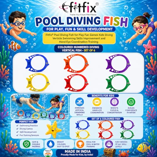 Fitfix® Pool Diving Fish for Play Fun Games Kids Diving Verticle Swimming Skills Improvement and Hand Eye Coordination Training/Coloured Numbered Diving Vertical Fish - Set of 6 Made in India - Image 4