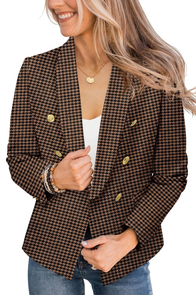 CRAZY GRID Women Business Casual Blazer Double Breasted Plus Size Blazer Jackets Fashion Gold Buttons Work Professional Suit Jacket 2XL Brown Plaid - Image 2