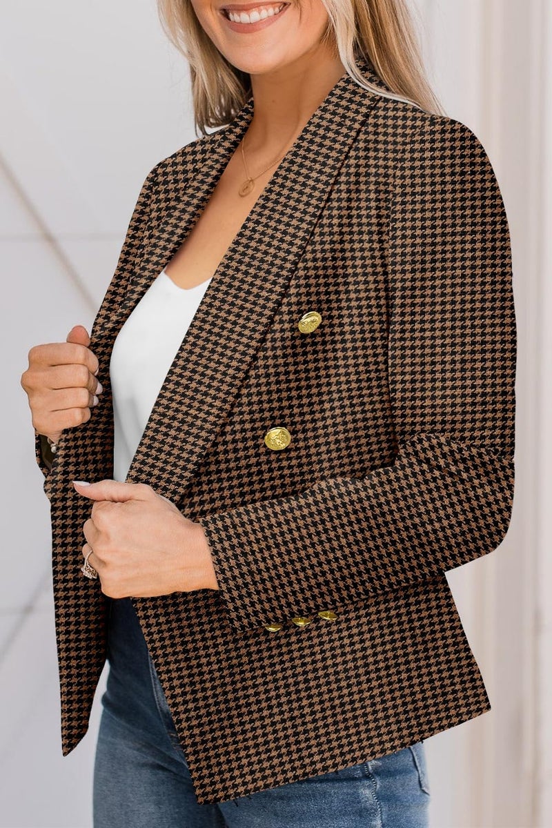CRAZY GRID Women Business Casual Blazer Double Breasted Plus Size Blazer Jackets Fashion Gold Buttons Work Professional Suit Jacket 2XL Brown Plaid - Image 4