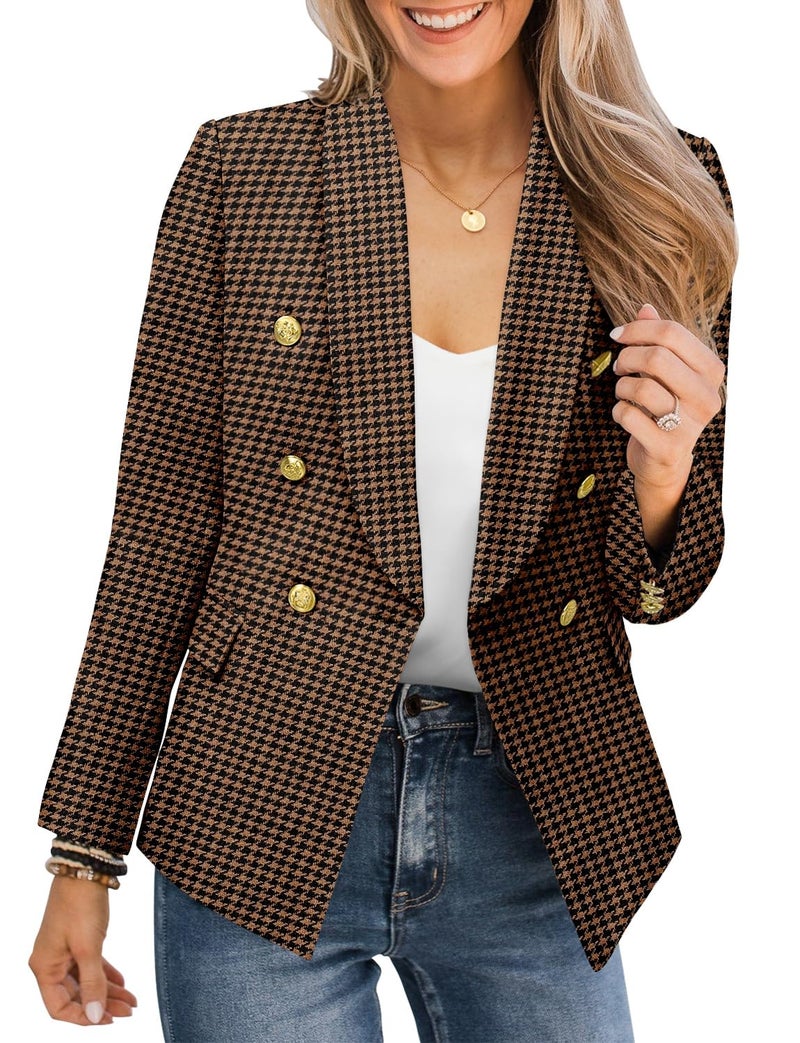 CRAZY GRID Women Business Casual Blazer Double Breasted Plus Size Blazer Jackets Fashion Gold Buttons Work Professional Suit Jacket 2XL Brown Plaid - Image 1