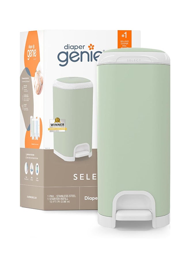 Diaper Genie Select Odor Lock Stainless Steel Diaper Pail Green | Hands-Free Step Pedal | Odor Control | Large Capacity Baby Nappy Trash Bin  - Image 1