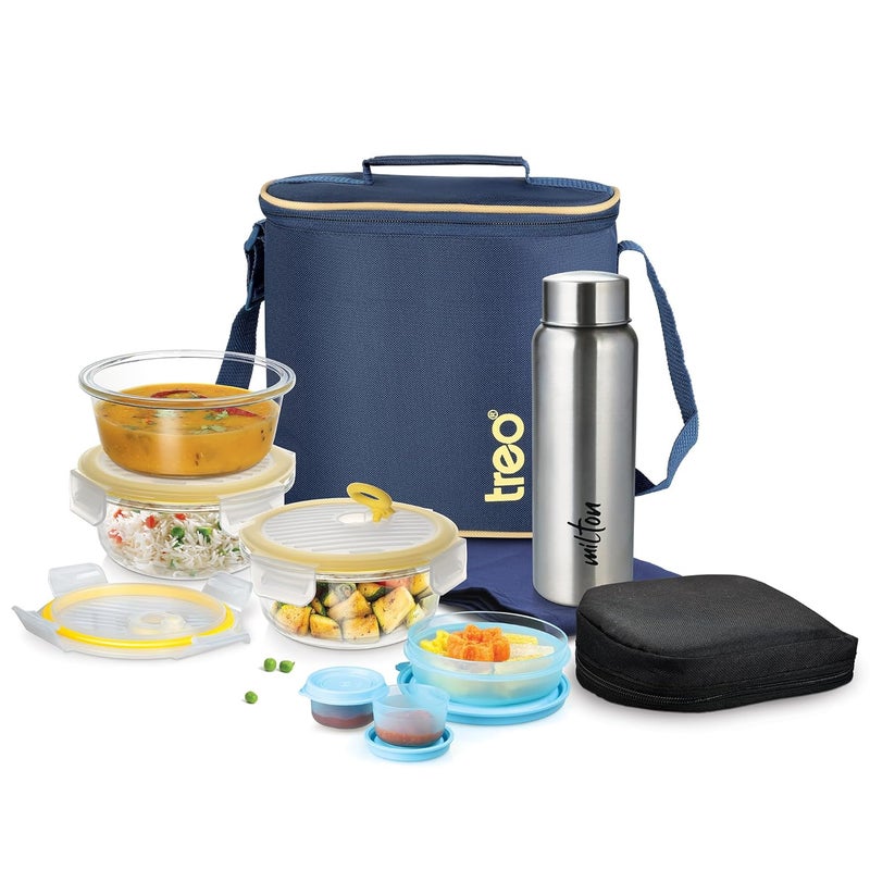 By Milton All Fresh Borosilicate Glass Round Tiffin set of 2, 400 ml each, Durable Carry Jacket,Microwave & Oven Safe,Leak Proof, Air Vent Lid, Scratch Resistant, Ideal for Office, School, Travel