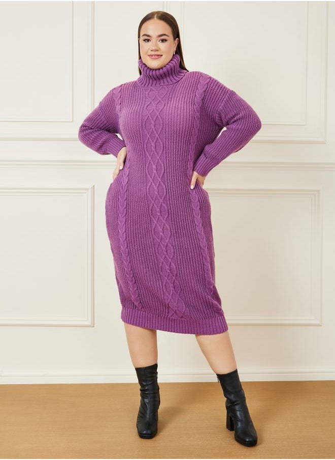 Styli - Cable Knit Turtle Neck Sweater Midi Dress - Image 1