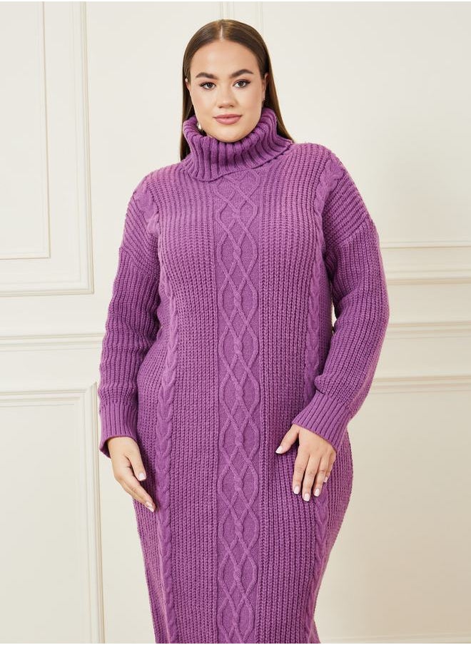 Styli - Cable Knit Turtle Neck Sweater Midi Dress - Image 1