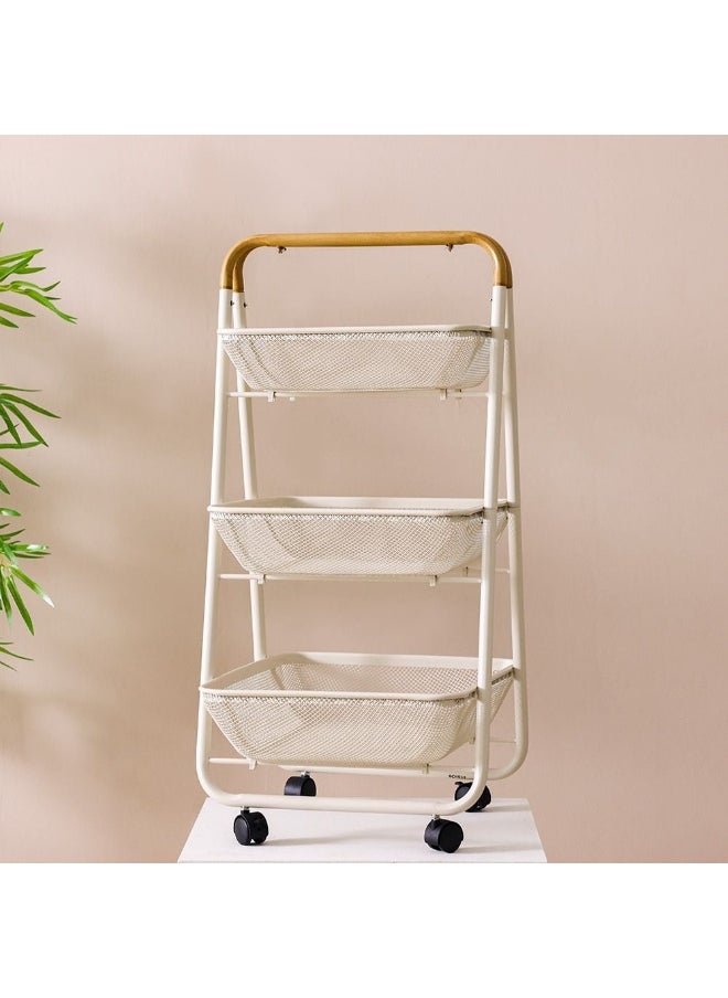 DANUBE HOME Ss24-Oliver 3 Tier Bath Storage Cart With Wooden Handle 3 Tier Bathroom Organizers Rolling Utility Cart Shelving Unit Organizer For Office Kitchen Bedroom Bathroom Laundry Room White 42 X 48 X 88Cm  - Image 3