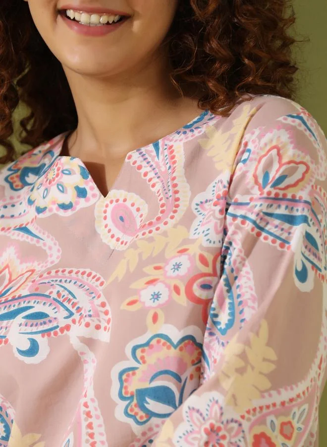 sanskrutihomes Sanskrutihomes Women Ethnic Motif Printed Pure Cotton Top and Pyjama Set