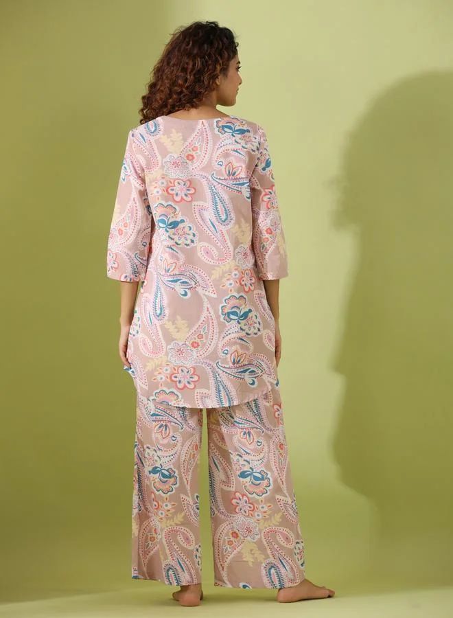 sanskrutihomes Sanskrutihomes Women Ethnic Motif Printed Pure Cotton Top and Pyjama Set