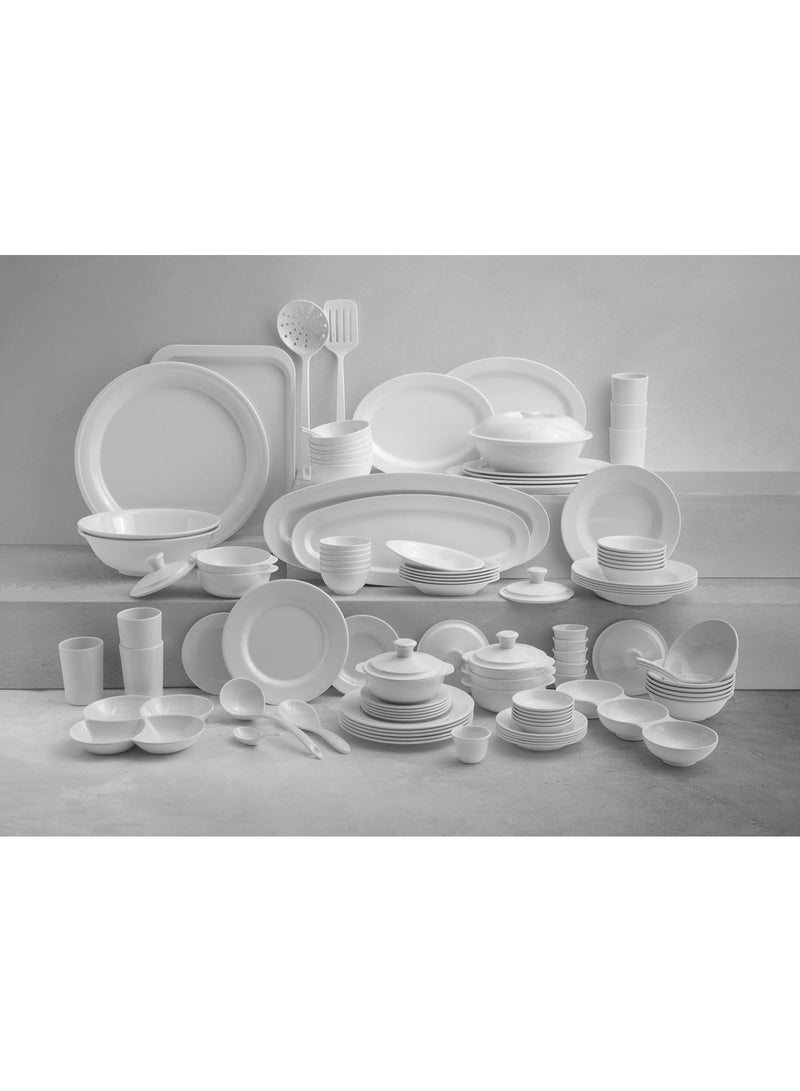 ماستر جولد طقم عشاء فاخر مصنوعة من الميلامين 110 قطعة مثالي لعدد 6 أشخاص باللون الابيض | مجموعة أطباق عشاء مقاومة للكسر و امنة في غسالة الاطباق | صحون متعددة الاستخدامات - Image 1