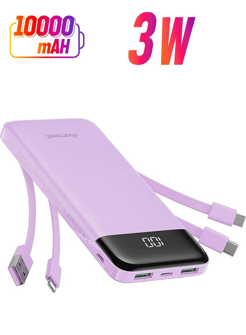 Charmast Portable Charger with Built in Cables, Portable Charger with Cords Wires Slim 10000mAh Travel Essentials Battery Pack 6 Outputs 3A High Speed Power Bank for iPhone Samsung Pixel LG Moto iPad (Purple)