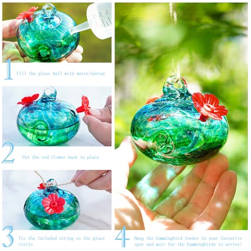 KRISININE 3inch Blown Glass Hummingbird Feeders for Outdoors Small Glass Hummingbird Feeders to Attract Hummingbirds Ant and Bee Resistant Round Feeder Unique Gifts for Woman - 2 Feeding Ports - Image 3