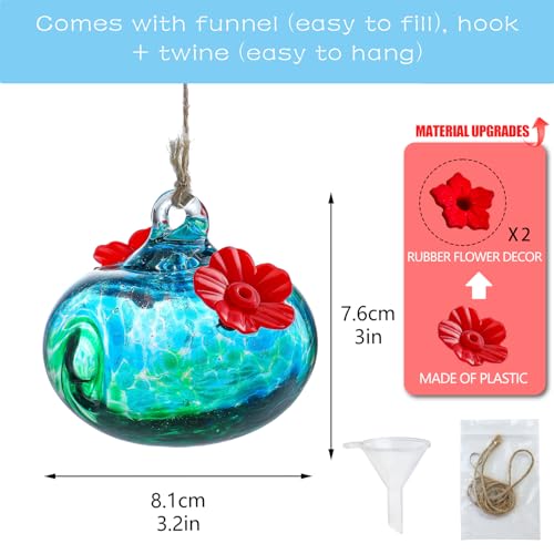 KRISININE 3inch Blown Glass Hummingbird Feeders for Outdoors Small Glass Hummingbird Feeders to Attract Hummingbirds Ant and Bee Resistant Round Feeder Unique Gifts for Woman - 2 Feeding Ports - Image 2