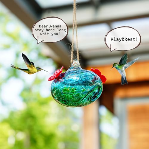 KRISININE 3inch Blown Glass Hummingbird Feeders for Outdoors Small Glass Hummingbird Feeders to Attract Hummingbirds Ant and Bee Resistant Round Feeder Unique Gifts for Woman - 2 Feeding Ports - Image 4