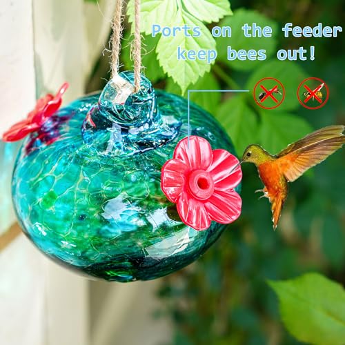 KRISININE 3inch Blown Glass Hummingbird Feeders for Outdoors Small Glass Hummingbird Feeders to Attract Hummingbirds Ant and Bee Resistant Round Feeder Unique Gifts for Woman - 2 Feeding Ports - Image 5