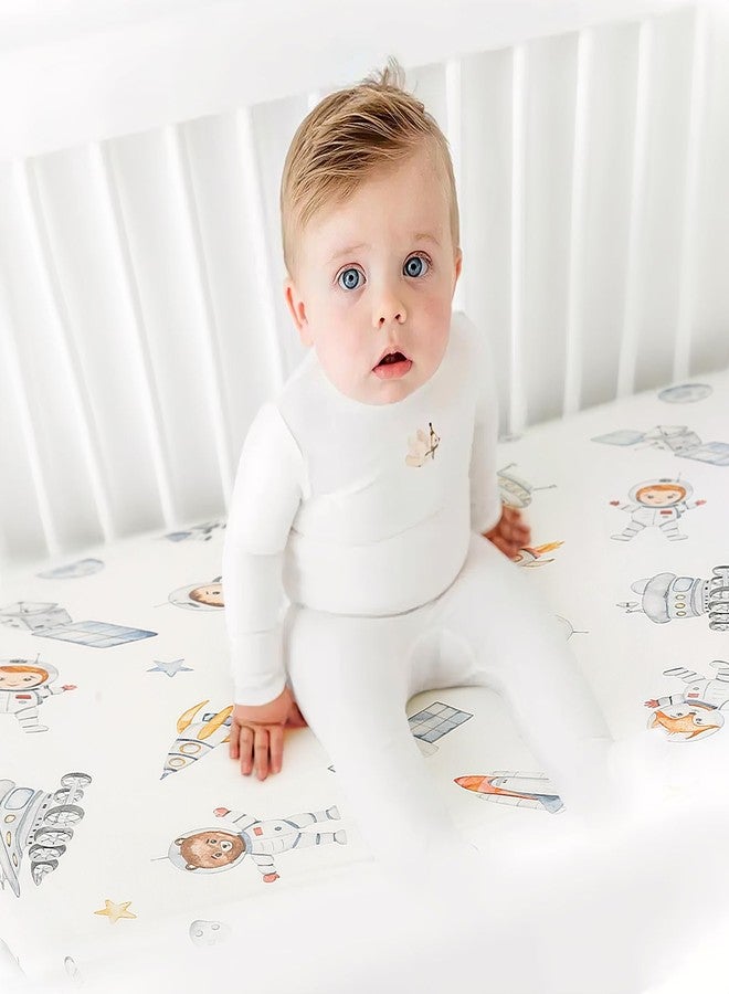 GRSSDER Stretchy Ultra Soft Jersey Knit Fitted Pack n Play Sheets Set 2 Pack, Portable/Mini Crib Sheets for Girls, Universal Fit for Pack N Plays Safe and Snug, Cute Sea Fish & Space Print - Image 3