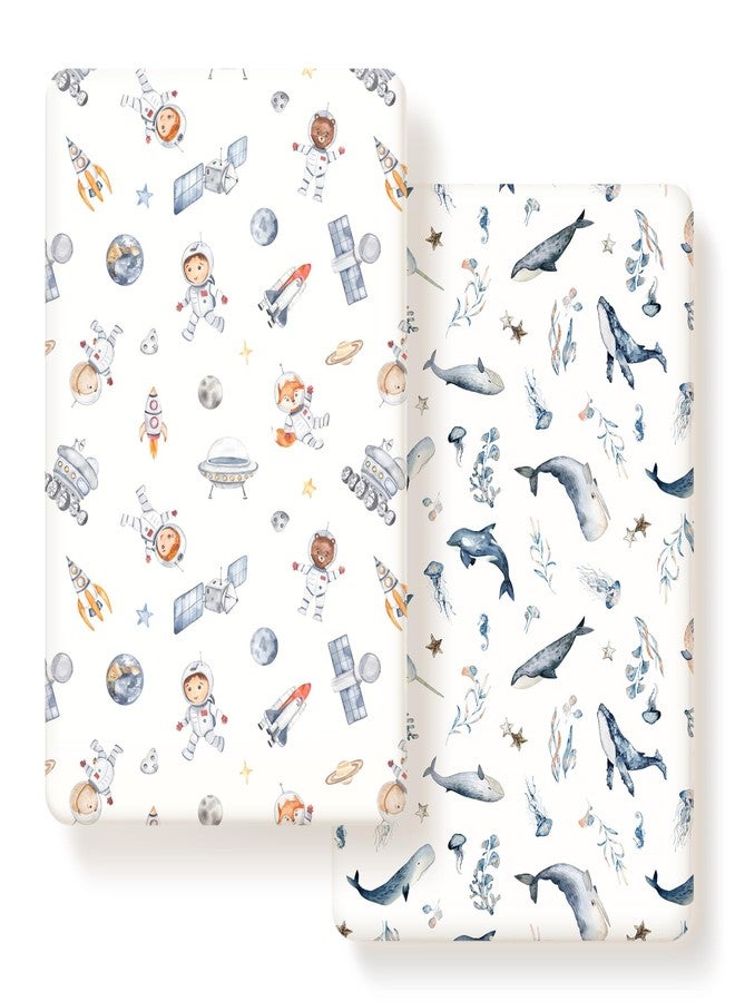 GRSSDER Stretchy Ultra Soft Jersey Knit Fitted Pack n Play Sheets Set 2 Pack, Portable/Mini Crib Sheets for Girls, Universal Fit for Pack N Plays Safe and Snug, Cute Sea Fish & Space Print - Image 1