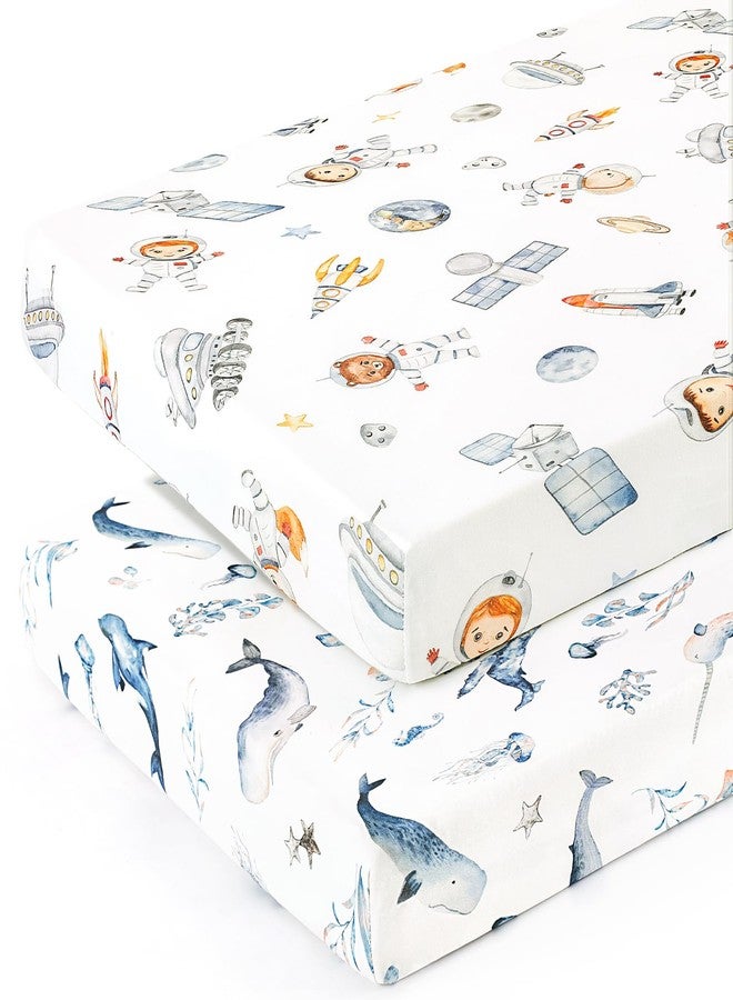 GRSSDER Stretchy Ultra Soft Jersey Knit Fitted Pack n Play Sheets Set 2 Pack, Portable/Mini Crib Sheets for Girls, Universal Fit for Pack N Plays Safe and Snug, Cute Sea Fish & Space Print - Image 2