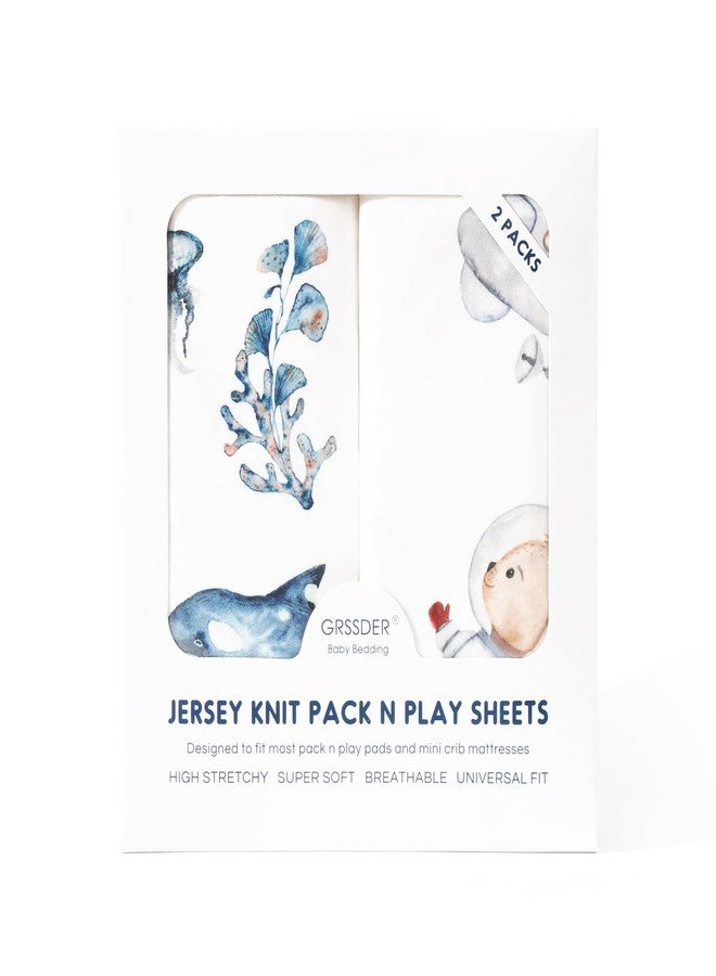 GRSSDER Stretchy Ultra Soft Jersey Knit Fitted Pack n Play Sheets Set 2 Pack, Portable/Mini Crib Sheets for Girls, Universal Fit for Pack N Plays Safe and Snug, Cute Sea Fish & Space Print - Image 4