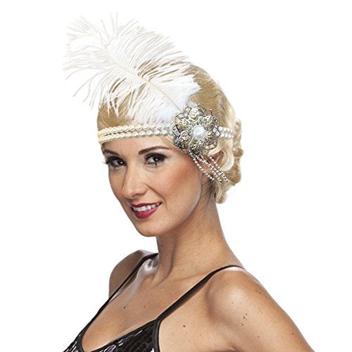 Performance Silver and White Pearl Feather Flapper Headpiece Vintage Style 1920s Headband - Image 1