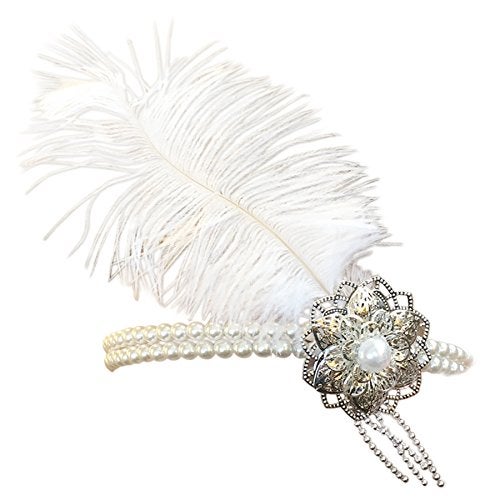 Performance Silver and White Pearl Feather Flapper Headpiece Vintage Style 1920s Headband - Image 2