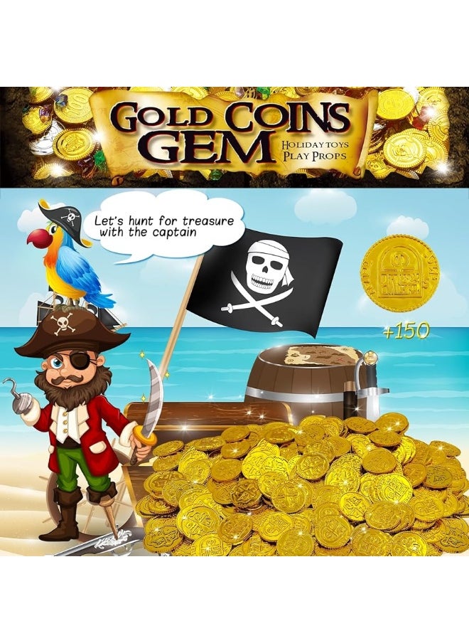 Dronside - 150Pcs Pirate Gold Coins Plastic Bulk St Patricks Pirate Gold Coins Novelty Party Favors Pirate Party Treasure Hunt Game and Party Favors - Image 1