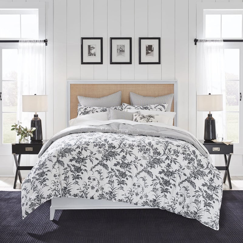 LAURA ASHLEY Laura Ashley  Queen Comforter Set Reversible Cotton Bedding Includes Matching Shams with Bonus Euro Shams  Throw Pillows Amberley BlackWhite Queen 