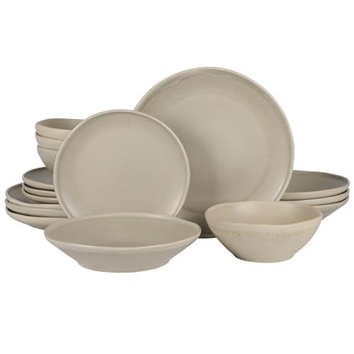 Gibson Elite Island Cove 16 Piece (Service for 4) Plates and Bowls Reactive Glaze Organic Round Dishes Stoneware Ceramic Dinnerware Set -Light Grey - Image 1