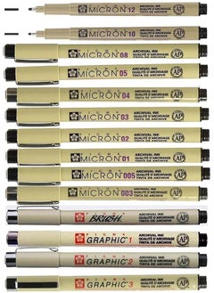 SAKURA Sakura Pigma Micron 14 Fineliners Black. 003,005,01,02,03,04,05,08,10,12,1 mm,2 mm,3 mm, Brush  - Image 1