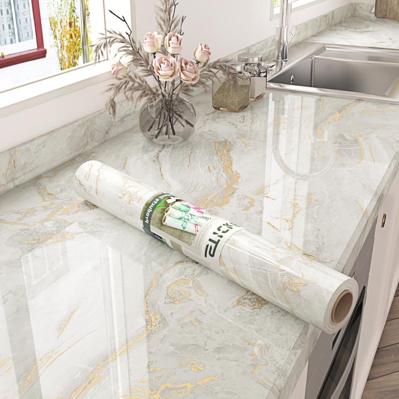 STICKEEP Beige Gold Marble Contact Paper for Countertops Waterproof Marble Wallpaper Peel and Stick Countertop Vinyl Wrap Glossy Granite Contact Paper for Tables Kitchen Cabinets Drawers 177 x 315