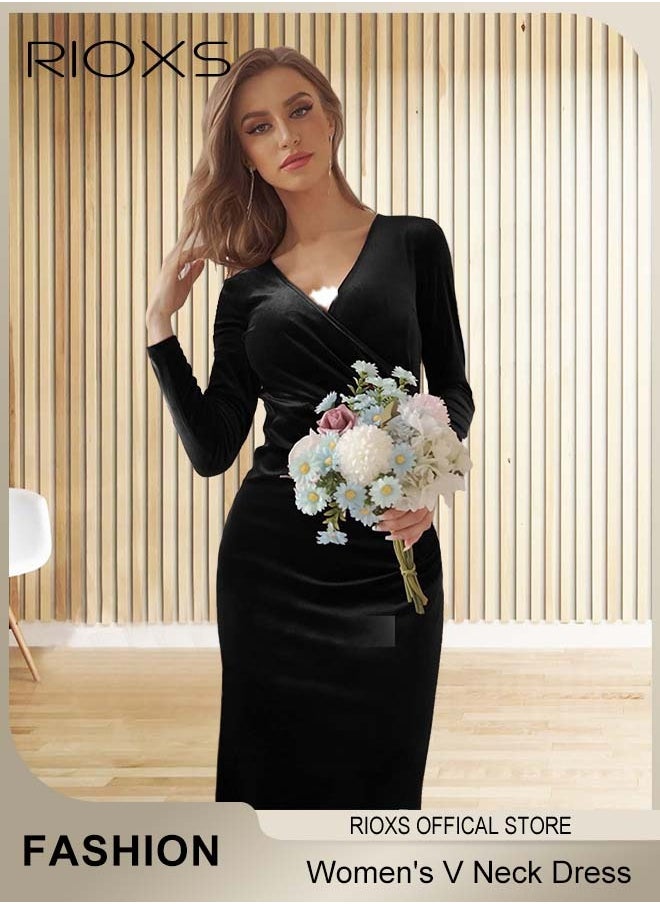 RIOXS - Women's Dresses V-neck Wrap Hip Skirt Long Sleeves Bodycon Dresses Elegant Fishtail Dress Evening Dress Party Wedding Maxi Dress For Party Club Night - Image 1