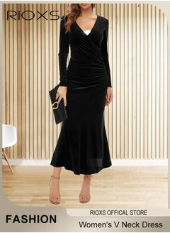RIOXS Women's Dresses V-neck Wrap Hip Skirt Long Sleeves Bodycon Dresses Elegant Fishtail Dress Evening Dress Party Wedding Maxi Dress For Party Club Night  - Image 2