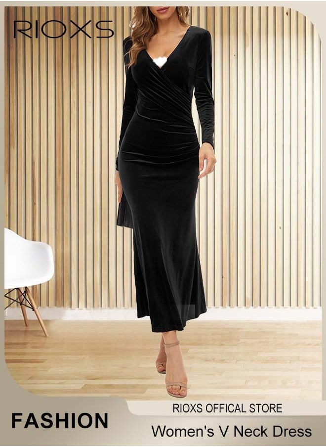 RIOXS - Women's Dresses V-neck Wrap Hip Skirt Long Sleeves Bodycon Dresses Elegant Fishtail Dress Evening Dress Party Wedding Maxi Dress For Party Club Night - Image 1