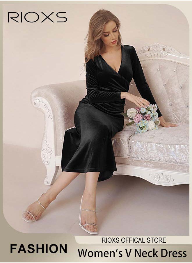 RIOXS - Women's Dresses V-neck Wrap Hip Skirt Long Sleeves Bodycon Dresses Elegant Fishtail Dress Evening Dress Party Wedding Maxi Dress For Party Club Night - Image 1
