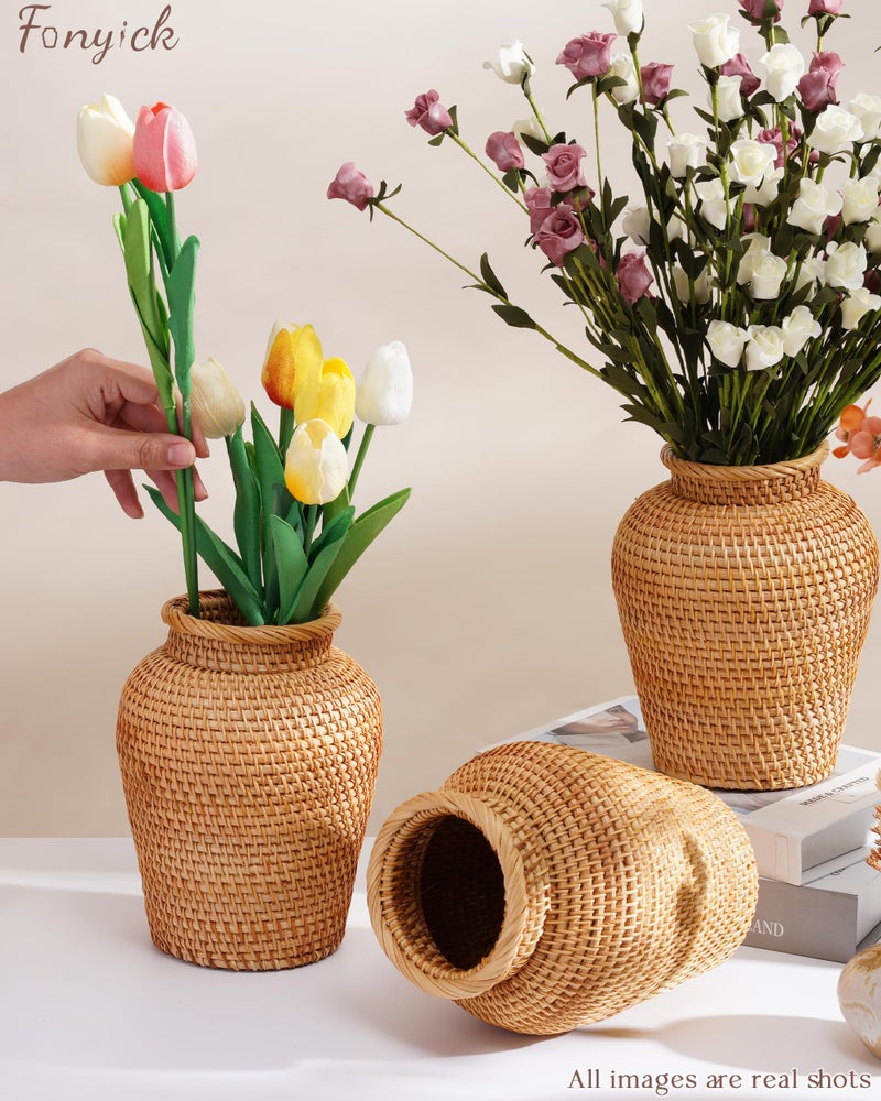 FONYICK Rattan Vase, Small Braided Boho Vases for Pampas Grass & Flower Arrangement, Hand Woven Vases Decor, Rustic Farmhouse Round Wicker Vase Basket for Centerpieces,6" D x 8" H, Brown - Image 5